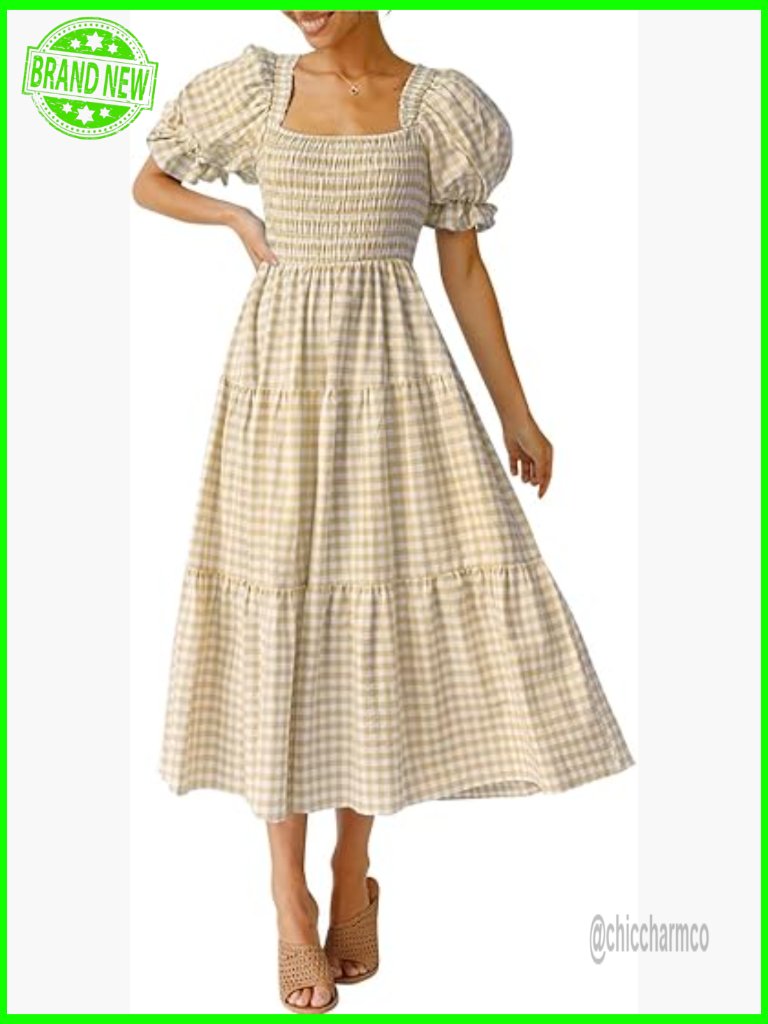 Bohemian Square Neck Puff Sleeve Ruffle Midi Dress